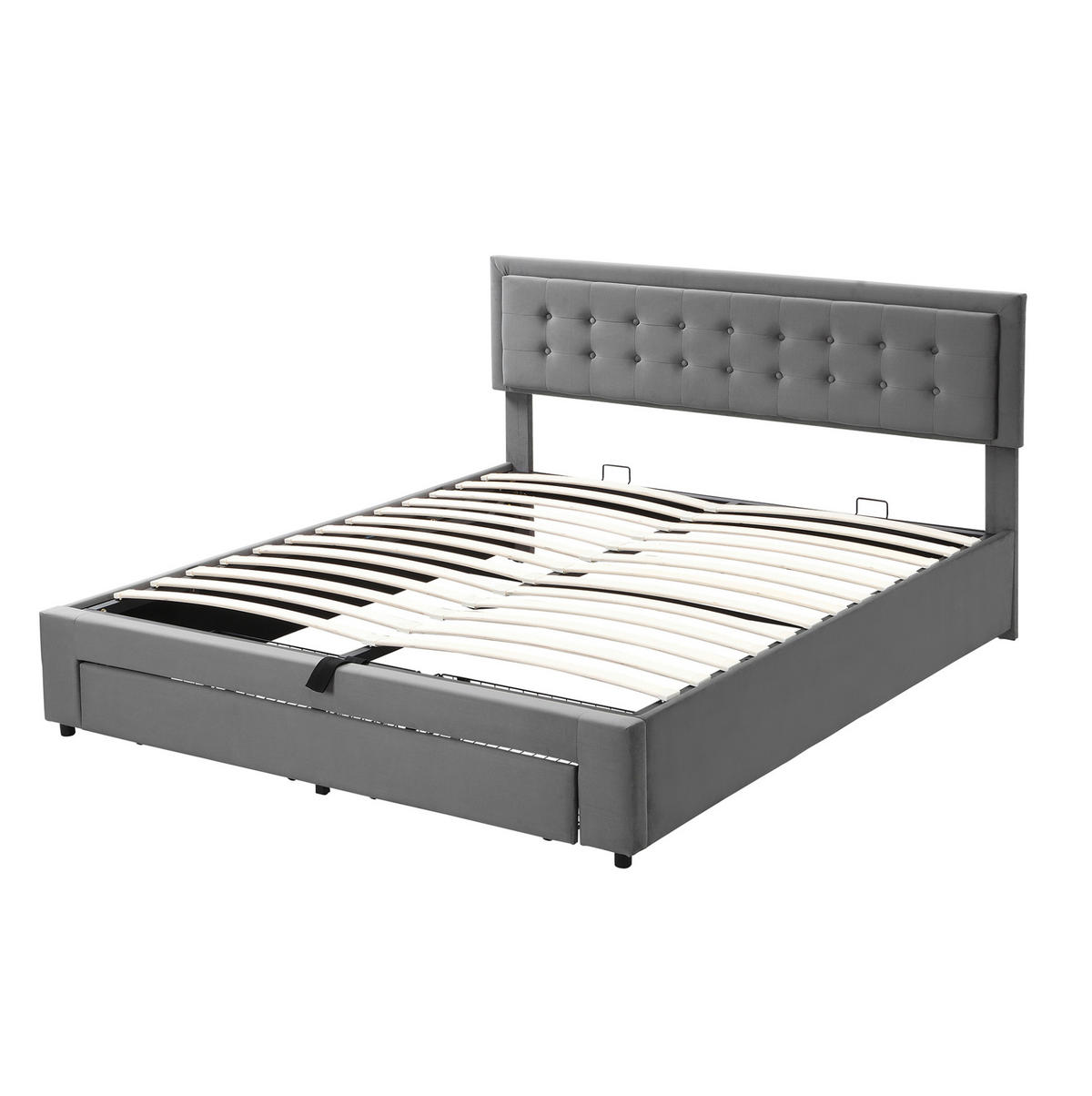 POLSTERBETT 180/200 cm Grau mit Stauraum und höhenverstellbarem Kopfteil - Grau, Textil (180/200cm) - OKWISH