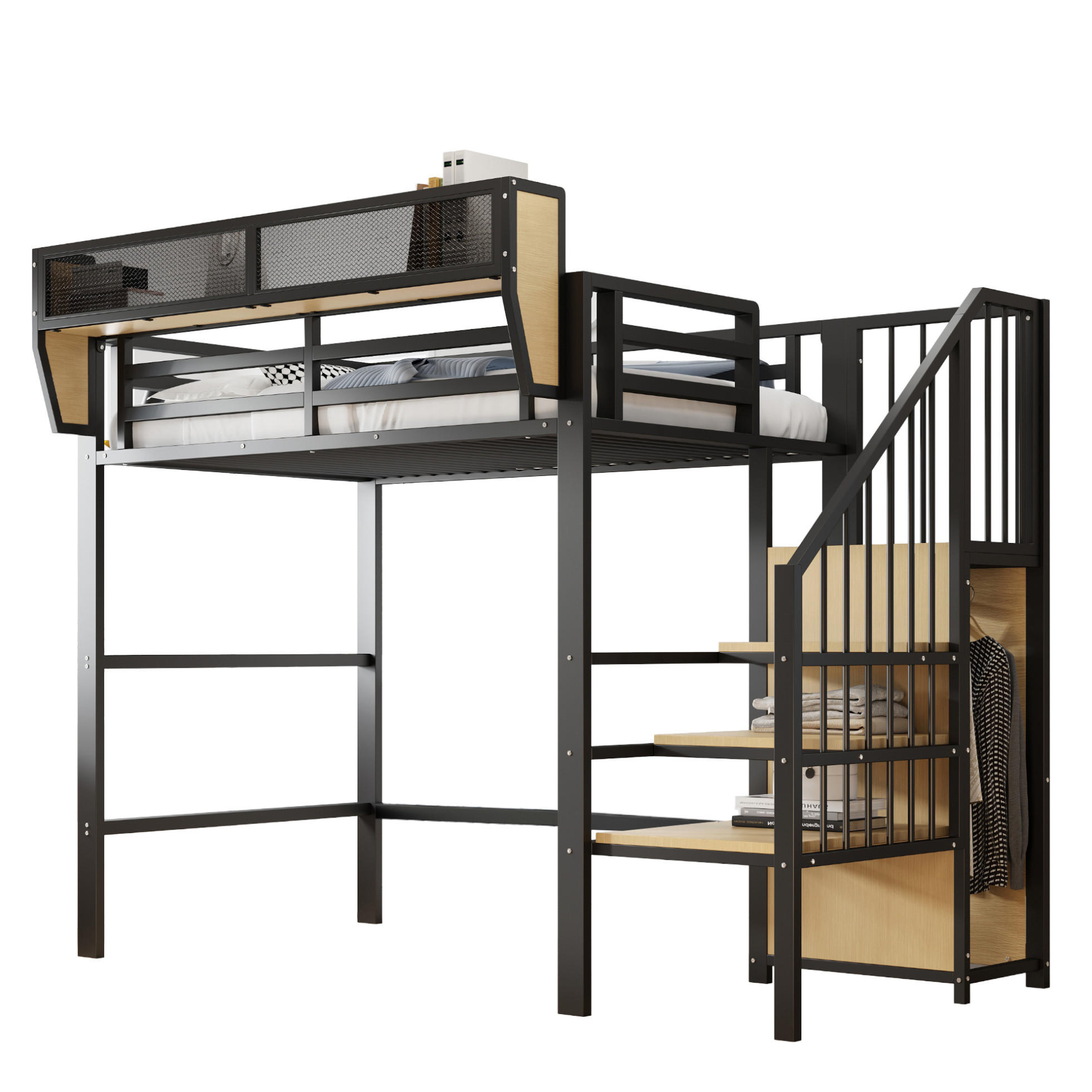HOCHBETT aus Metall und MDF 90x200 cm Schwarz mit Sicherheitsleiter und flexiblem Regal - Schwarz, Metall (140/200cm) - Modfu