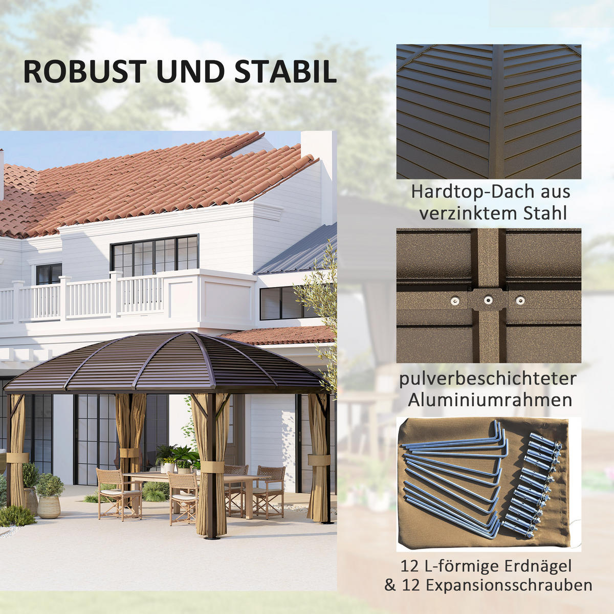 GARTENPAVILLON, Partyzelt, Festzelt, 4 x Doppel-Seitenteile, wasserdicht, 2 Laternenhaken, ca. 4 x 3 x 2,8 m, Braun - Braun, Metall (398/280/298cm)