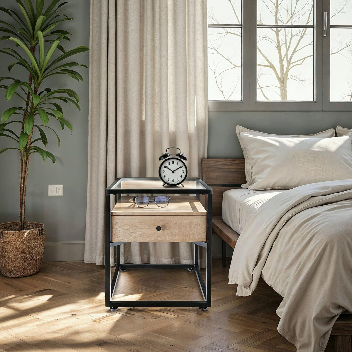 NACHTSCHRANK Preston, 43 x 45 x 54,5 cm, Industrial Holz hell, Eiche Sonoma - Naturfarben, Holzwerkstoff (43/54.5/45cm) - tectake