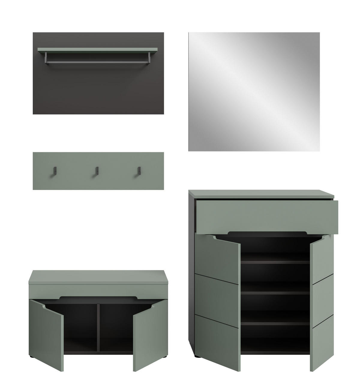 GARDEROBE Nova (B/H/T: ca. 175/190/37 cm) 5 tlg. in Basalt grau/Smoke Green - Grau, Holzwerkstoff (175/190/37cm)