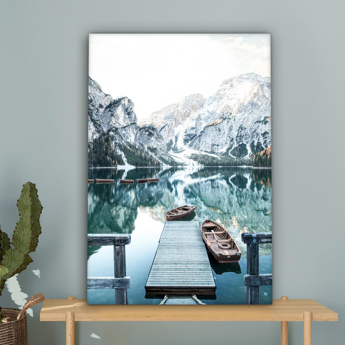 LEINWANDBILD Natur - Berge - Schnee - Wald - Boot 40x60 cm - Hellgrün, Textil (40/60cm) - MuchoWow