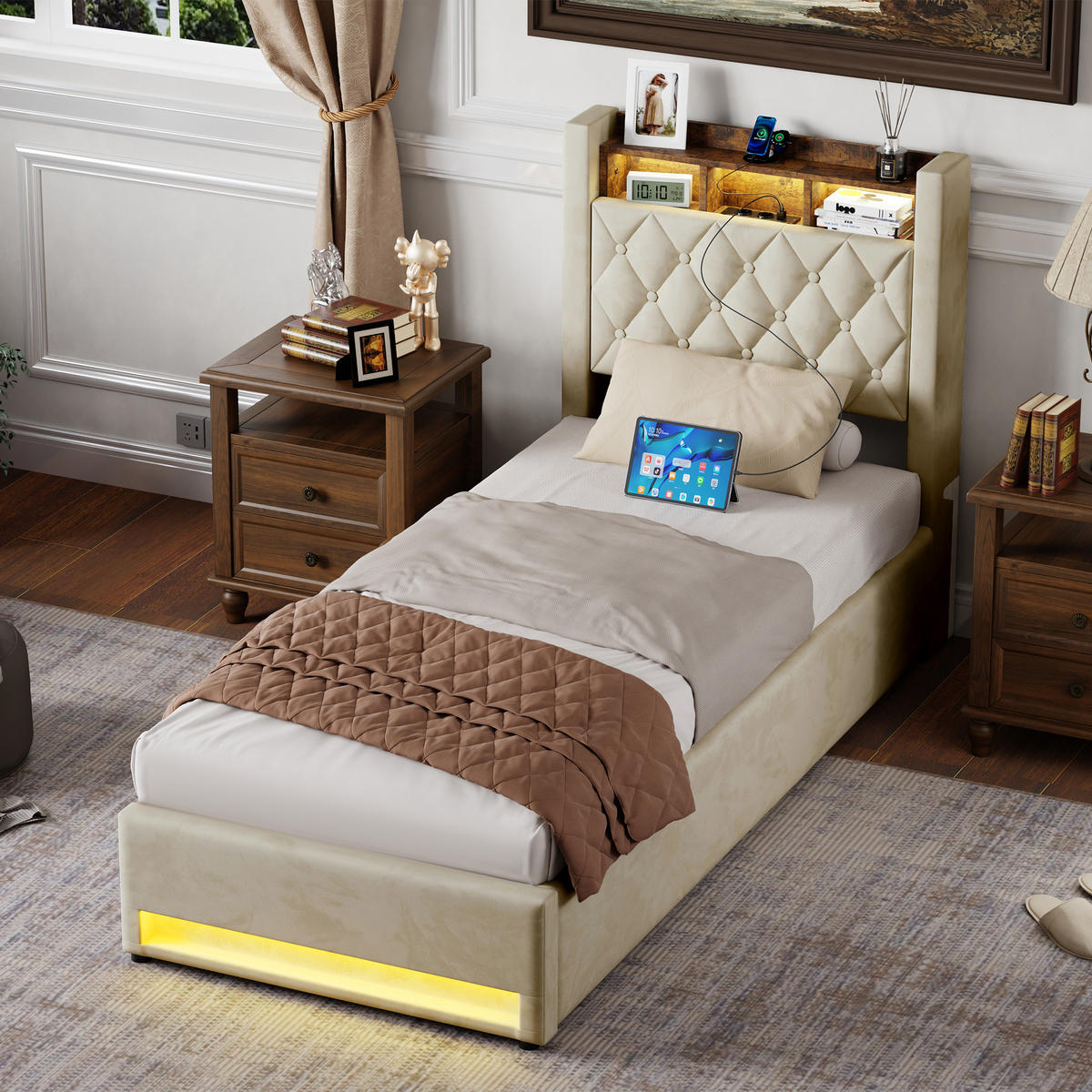 POLSTERBETT 90/200 cm Beige mit LED-Lichtleiste und USB-Anschlüssen - Beige, Holzwerkstoff (90/200cm) - OKWISH