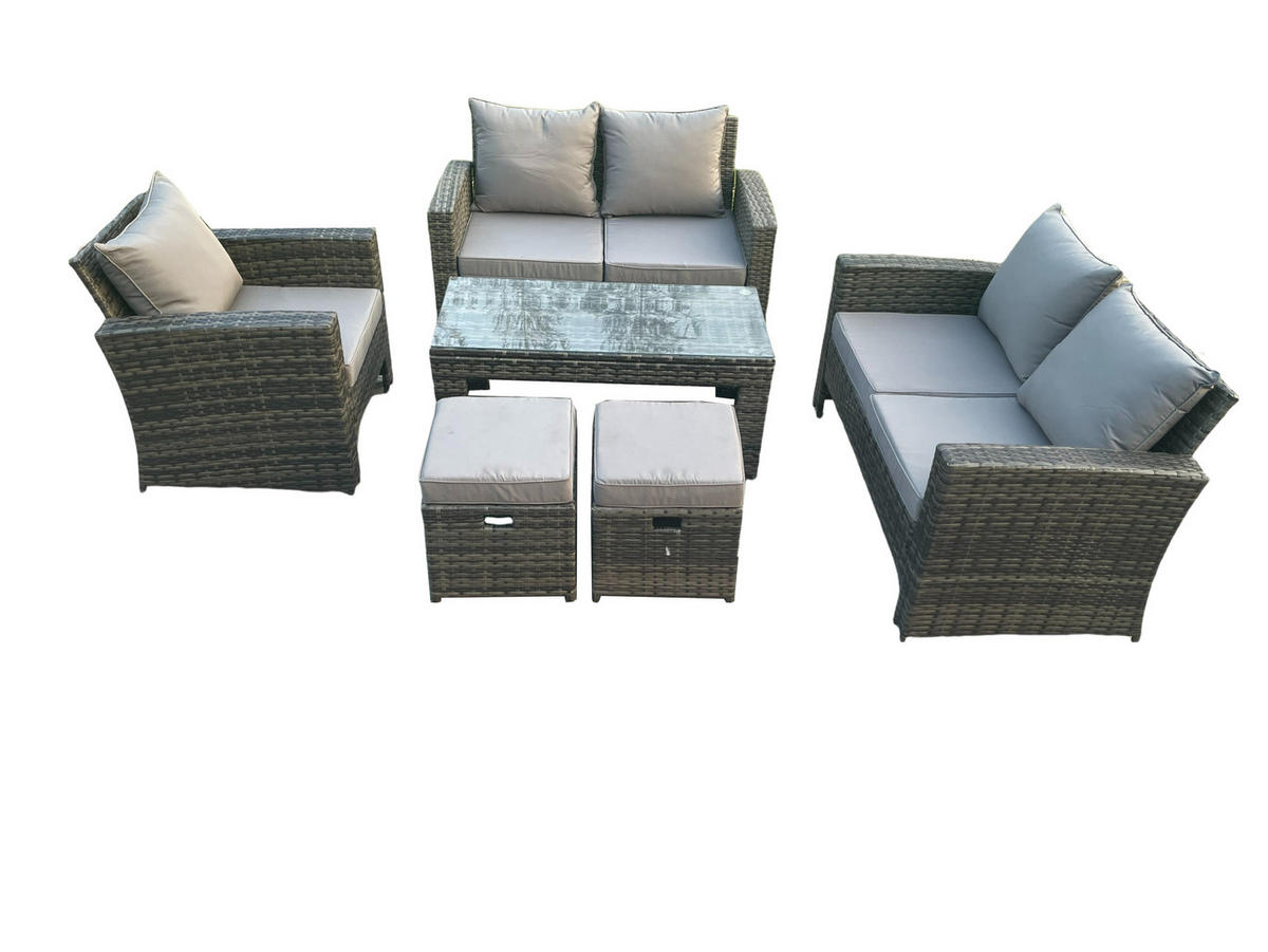 GARTENMÖBEL SOFA SET MIT COUCHTISCH 2 KLEINER HOCKER Polyrattan Dunkelgrau Gemischt 7-Sitzer - Dunkelgrau, Metall - Fimous