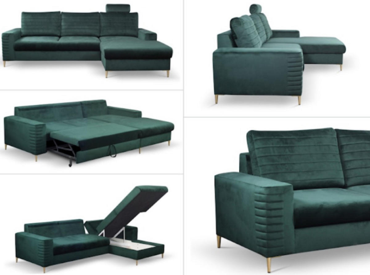 ECKSOFA Grün OLI Ausziehbar Mit Kopfstütze Und Bettkasten Rechts - Grün, Textil (253/165cm) - Sepro Meble