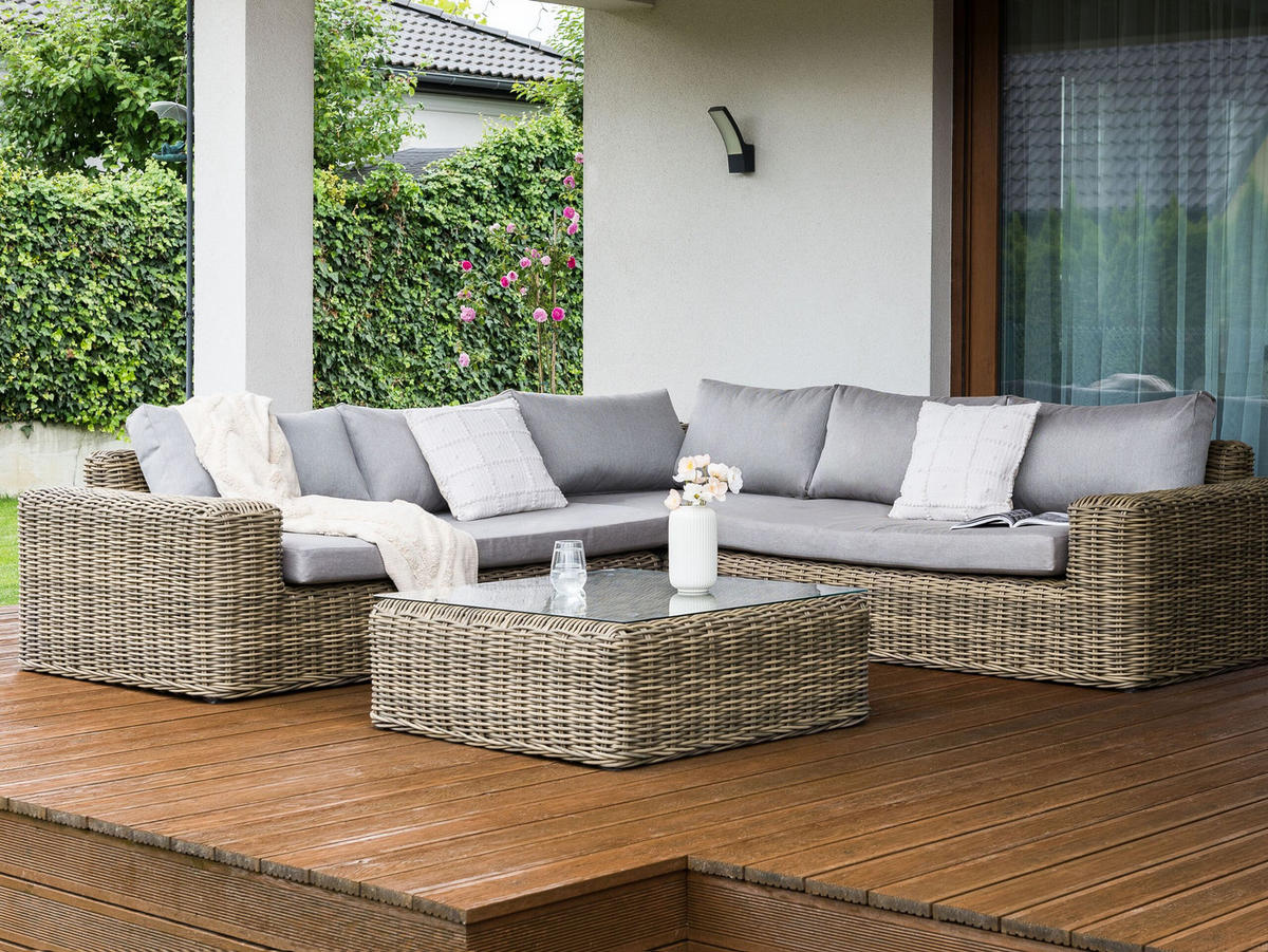 LOUNGE-SET 6-Sitzer PE Rattan Hellbraun Palermo - Braun/Grau, Kunststoff - Beliani