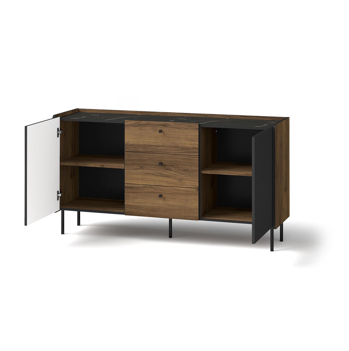 KOMMODE Prestigo Schwarz, Warmia Walnuss, Zweitürige Kommode mit Schubladen - Walnussfarben/Schwarz, Holzwerkstoff (150/78/40cm) - Bettso