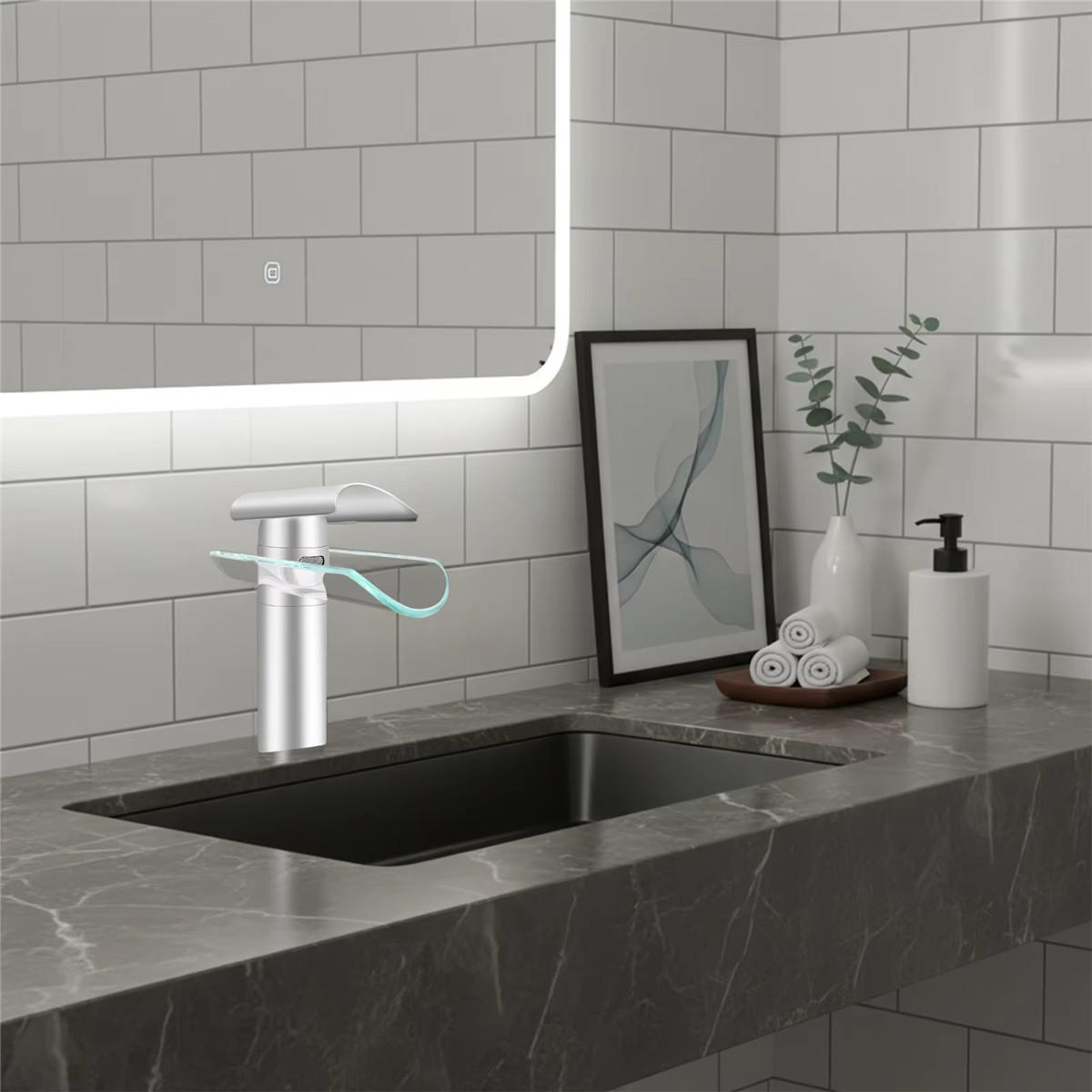 WASCHTISCHARMATUR Wasserfall Messing mit Glasauslauf - Silberfarben, Metall (17.5/17.5/3.5cm) - Kaket