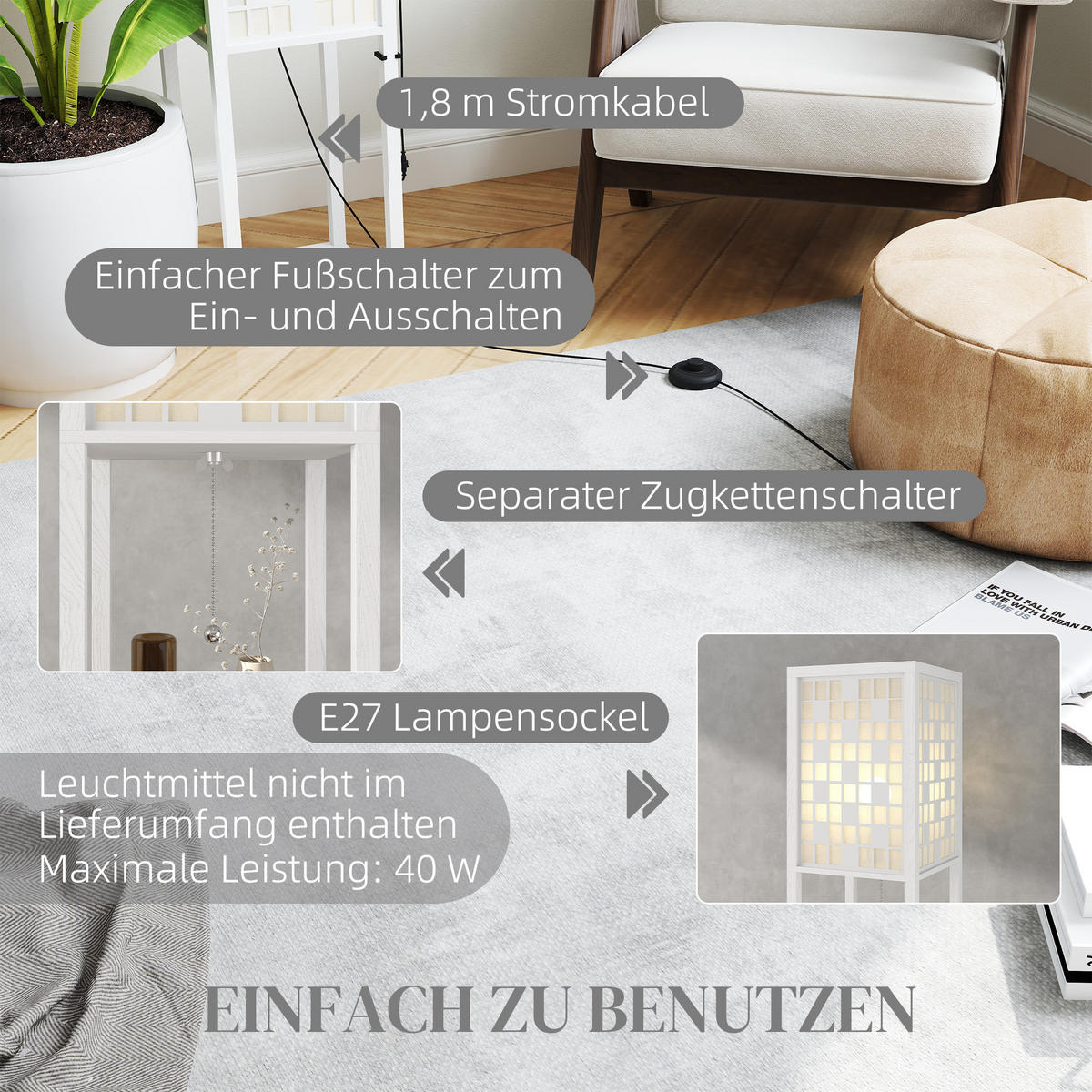 STEHLAMPE mit Fußschalter, Weiß - Weiß, Kunststoff (26/26/155.5cm) - HOMCOM
