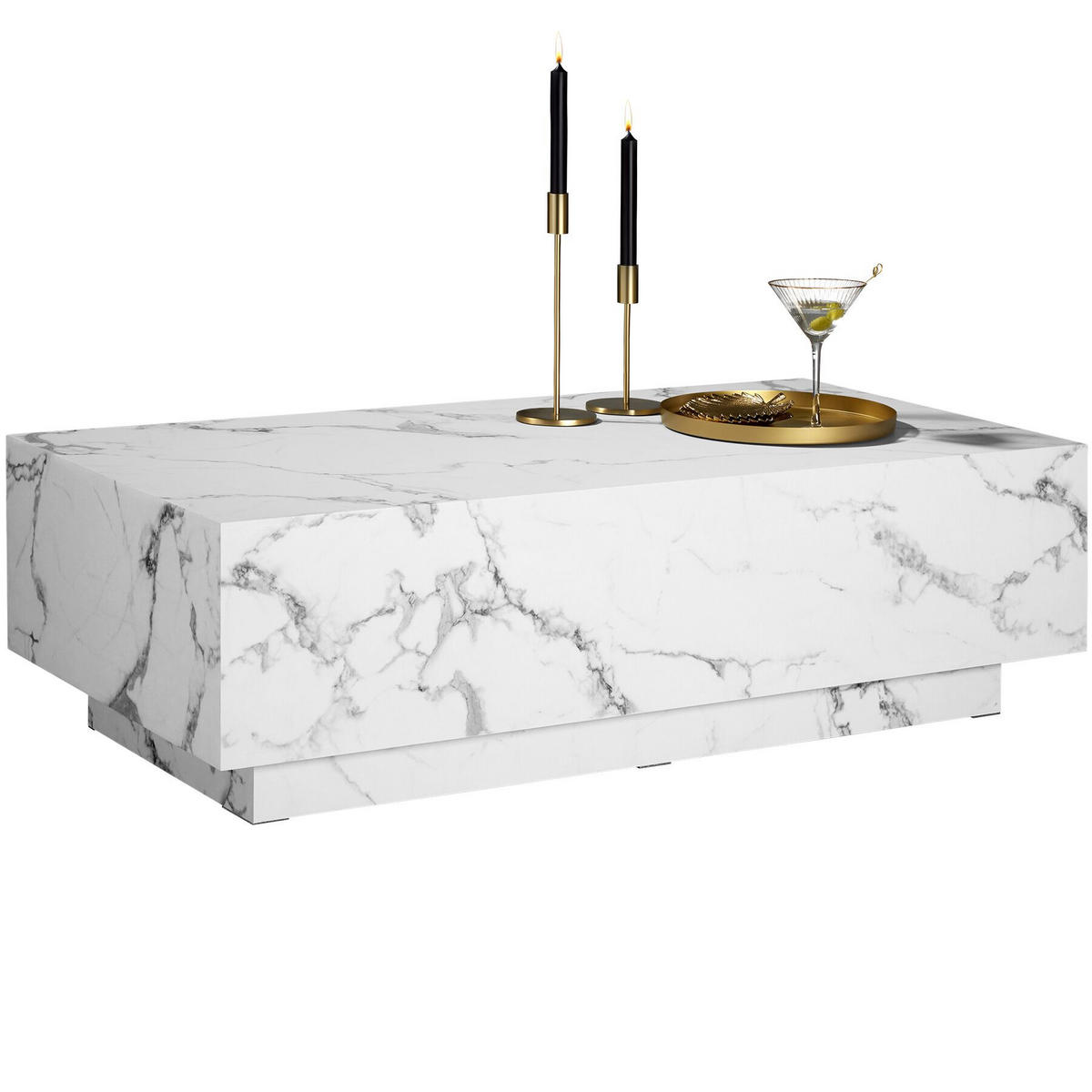 COUCHTISCH Lasley, inkl. Bodenschoner, Belastbarkeit 45 kg, Marmor Optik weiß - Weiß, Holz (60/120/35cm) - tectake