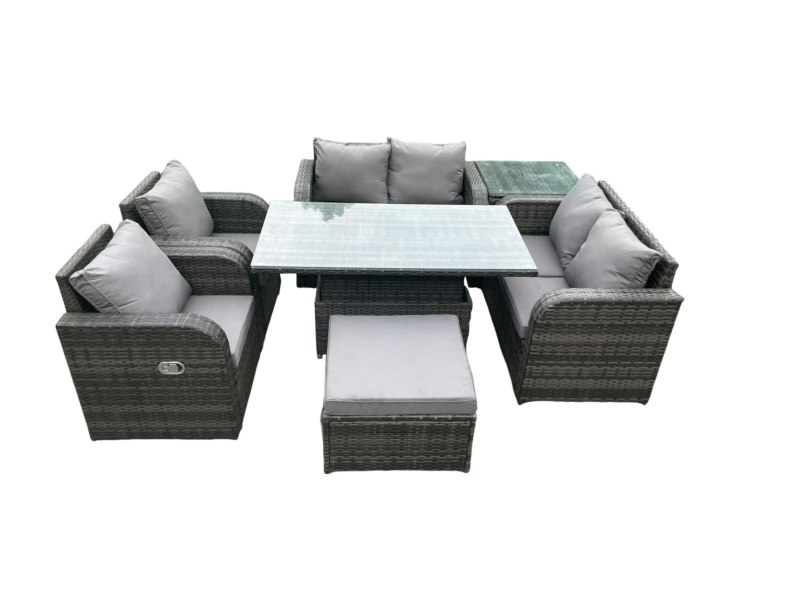 GARTENTISCHGRUPPE Polyrattan 7-Sitzer - Dunkelgrau/Grau, Glas/Kunststoff - Fimous