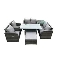 GARTENTISCHGRUPPE Polyrattan 7-Sitzer - Dunkelgrau/Grau, Glas/Kunststoff - Fimous
