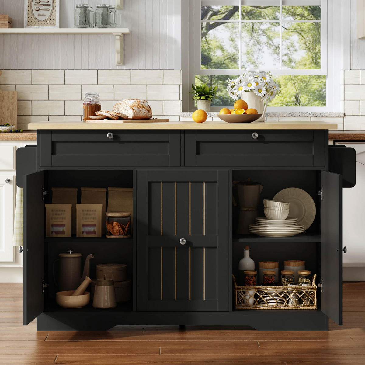 SERVIERWAGEN in Schwarz Kücheninsel mit klappbarer Arbeitsplatte und Schubladen, L120 × T45 (70) × H92 cm - Schwarz, Holzwerkstoff (137/92/70cm) - STILVORA