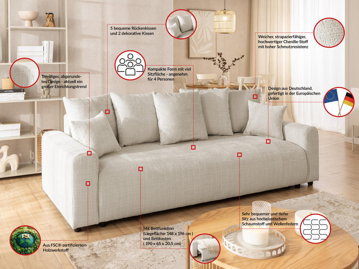 SCHLAFSOFA Calma mit Bettkasten im Bumpy-Design aus weichem Beige Chenille-Stoff - Beige/Schwarz, Holz/Kunststoff (239/88/98cm) - S-Style Möbel