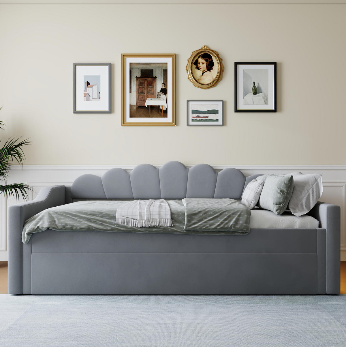 POLSTERBETT aus MDF, Sperrholz und Leinen 140x200 cm Grau mit LED-Beleuchtung und Ausziehbett - Grau, Holzwerkstoff (140/200cm) - Modfu