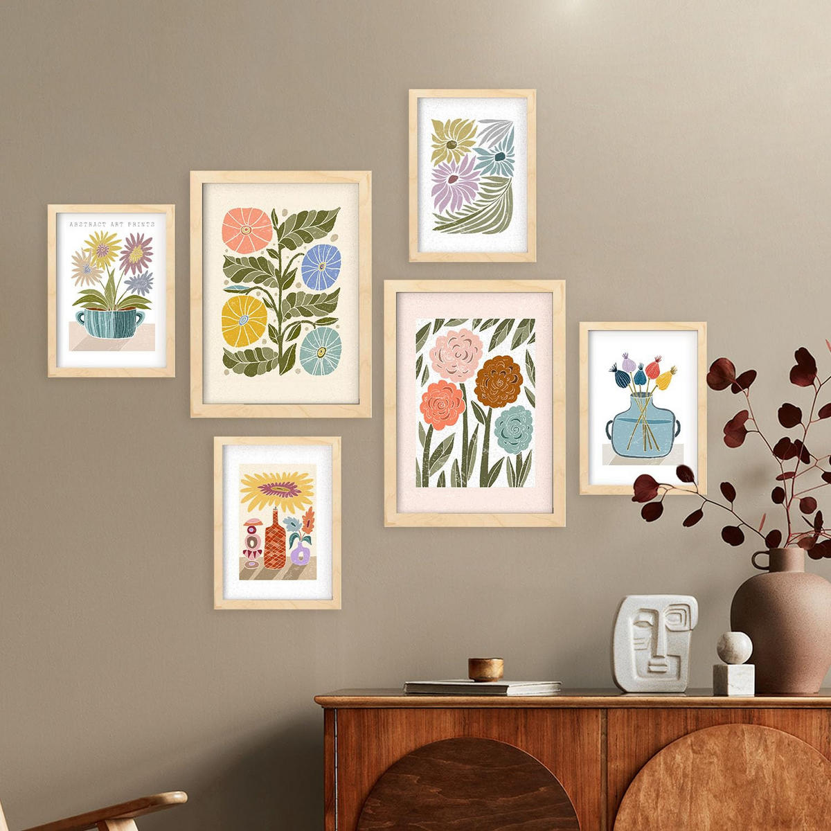 POSTER Set Mit 6 Drucken Blüten In Der Sammlung Ethnischer Style Drucke Dekorative Rahmen Für Zuhause Wandkunstdruck A3 & A4 Rahmen Aus Hellem Holz - Beige, Papier (29/3cm) - Nacnic