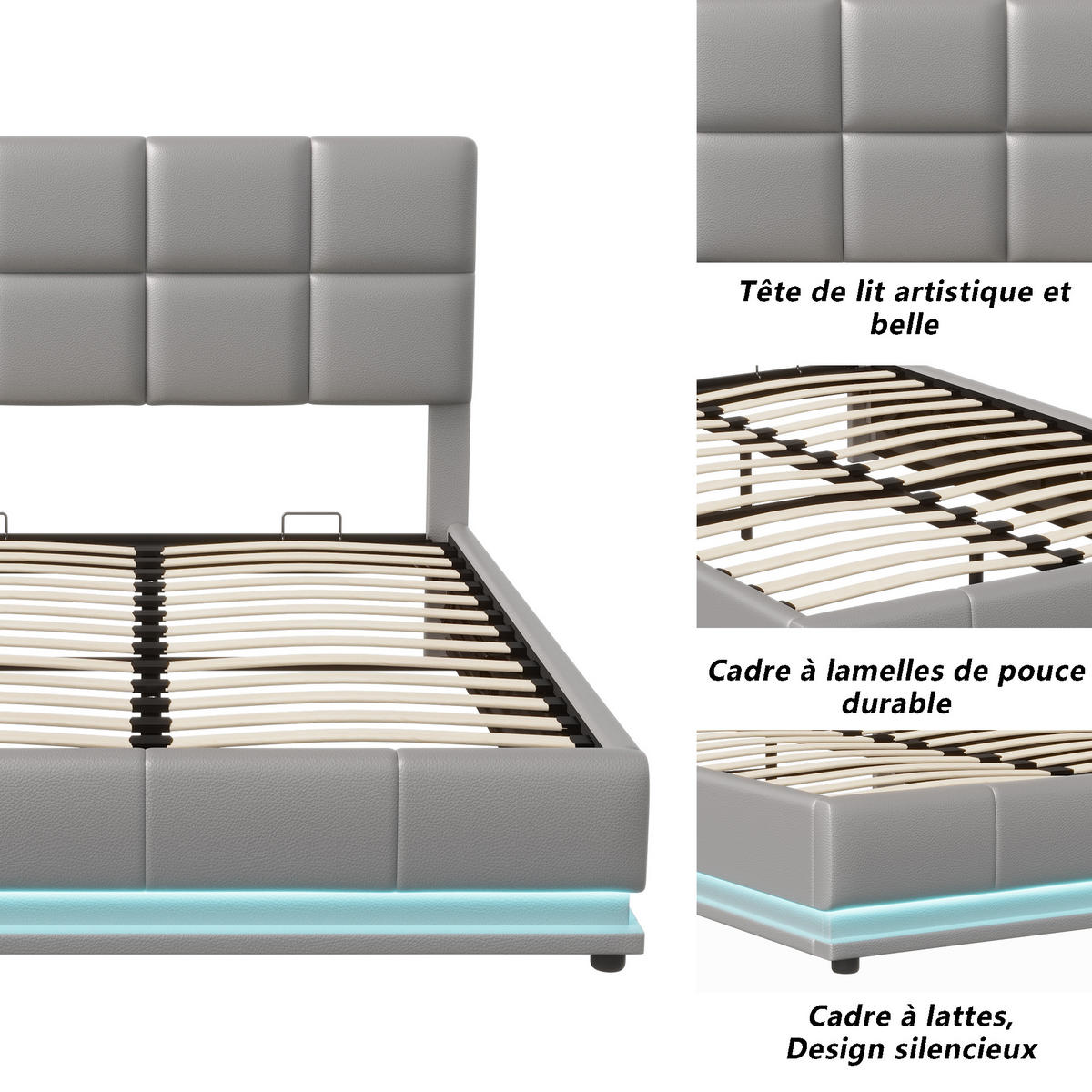 POLSTERBETT 140x200 cm LED Stauraum Lattenrost PU Kopfteil grau - Grau, Holz (140/200cm) - LEBENLANG