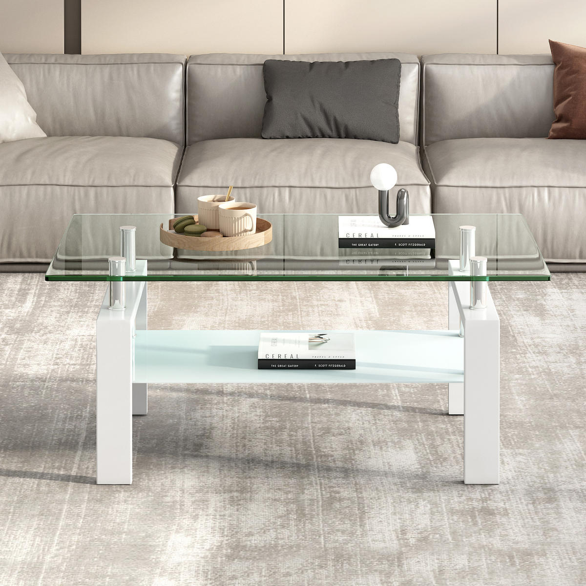 COUCHTISCH DE-37396 rechteckig mit zweistufigem Glas Weiß - Weiß, Metall (100/60/44cm) - ComfortXL