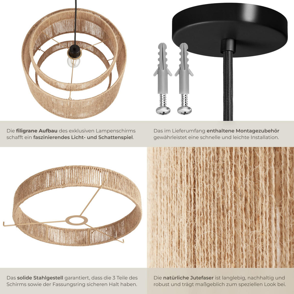 HÄNGELEUCHTE Lignea Lux aus Jute, 46 x 32 cm, natur - Naturfarben, Metall (46/46/32cm) - tectake