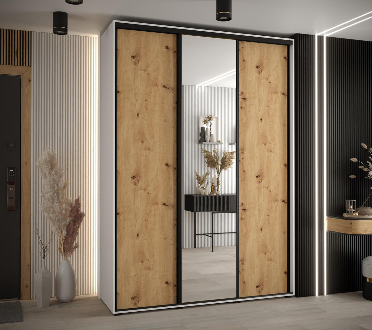 SCHWEBETÜRENSCHRANK 235,2/170/45 3-türig - Schwarz/Eiche Artisan, Holz/Metall (170/235/45cm) - Abiks Möbel