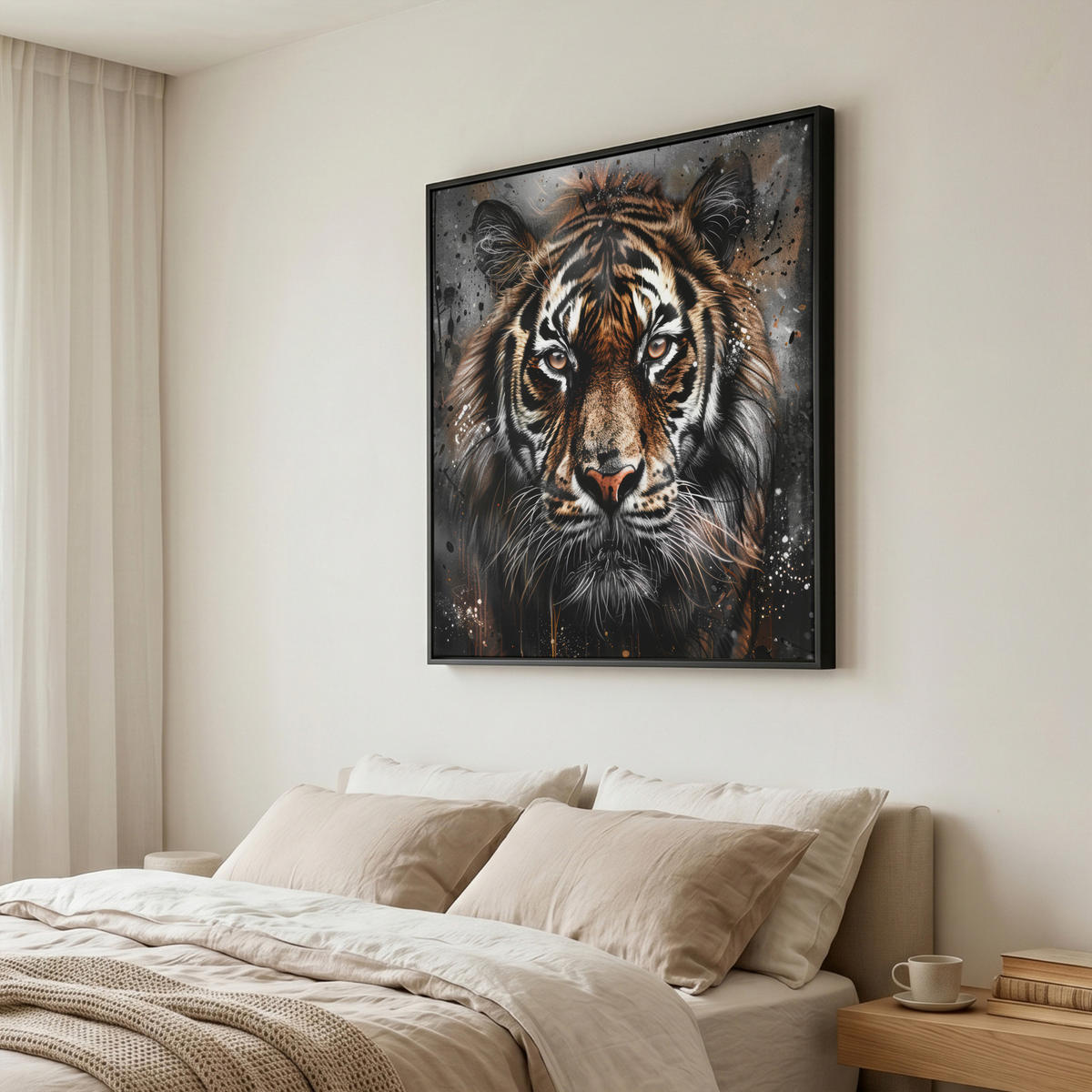 LEINWAND Bilder mit Rahmen - Tiger - Tiere - Porträt - Luxus - Schwarz - 90x90 - Braun, Textil (90/90cm) - MuchoWow
