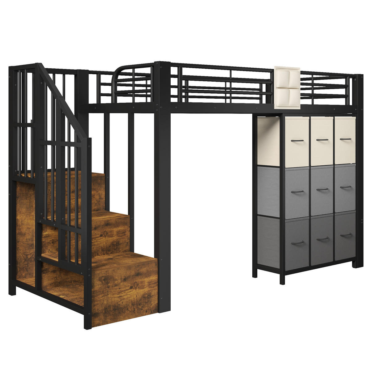 HOCHBETT 90/200 cm in Schwarz mit Schubladen, Kleiderstange und Treppe mit Stauraum - Schwarz/Grau, Holzwerkstoff/Metall (90/200cm) - WISHDOR