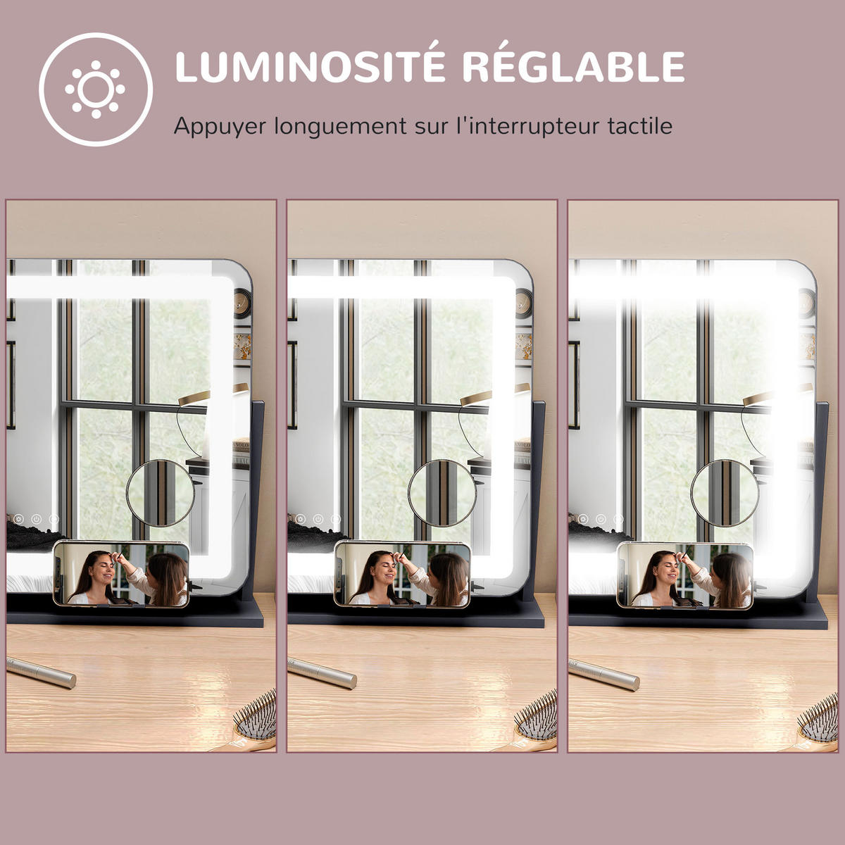 SCHMINKSPIEGEL DE-18022 dimmbar, 3 Lichtmodi - Schwarz, Glas (14/62.5/52cm) - ComfortXL