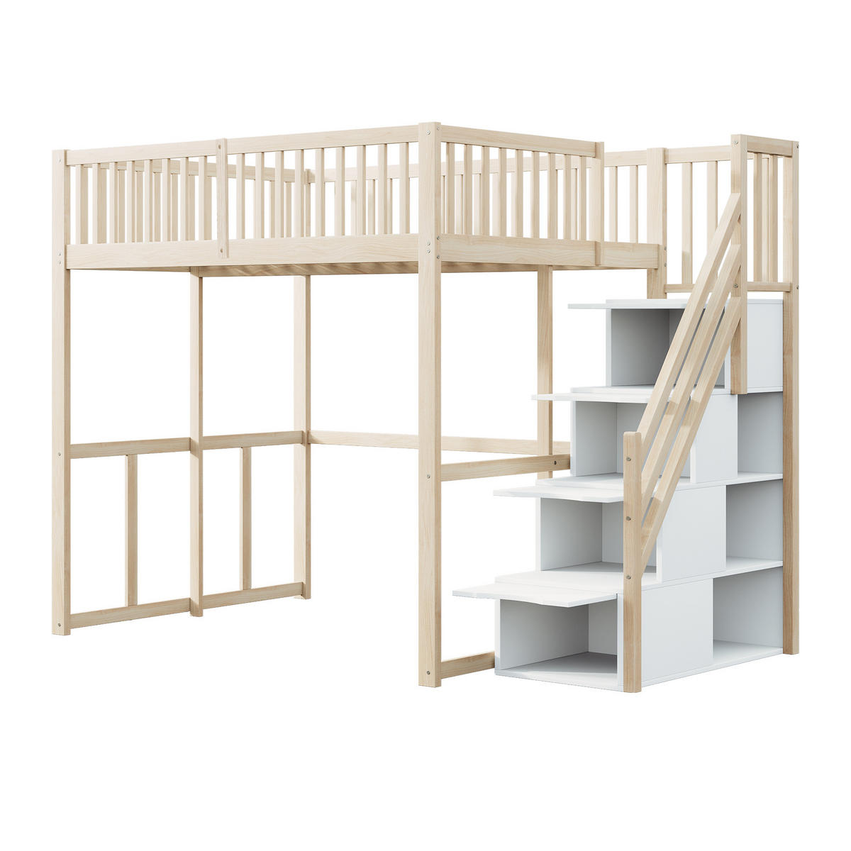 HOCHBETT 140/200 cm in Natur mit Stauraumtreppe und Sicherheitsumrandung - Naturfarben, Holz/Holzwerkstoff (140/200cm) - CHICFURN