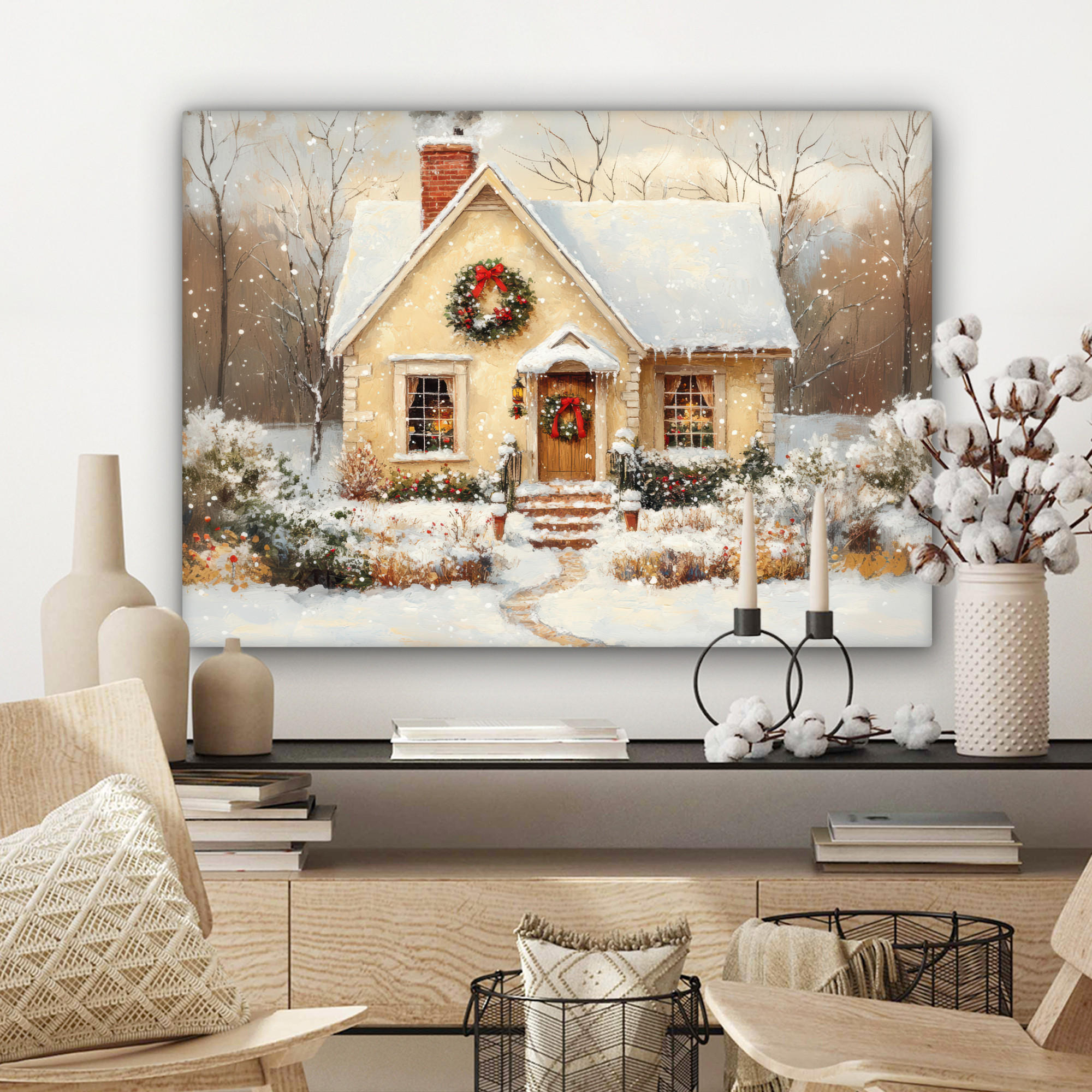 LEINWANDBILD Weihnachten - Zuhause - Winter - Schnee Wandbilder 80x60 cm - Creme, Textil (80/60cm) - MuchoWow