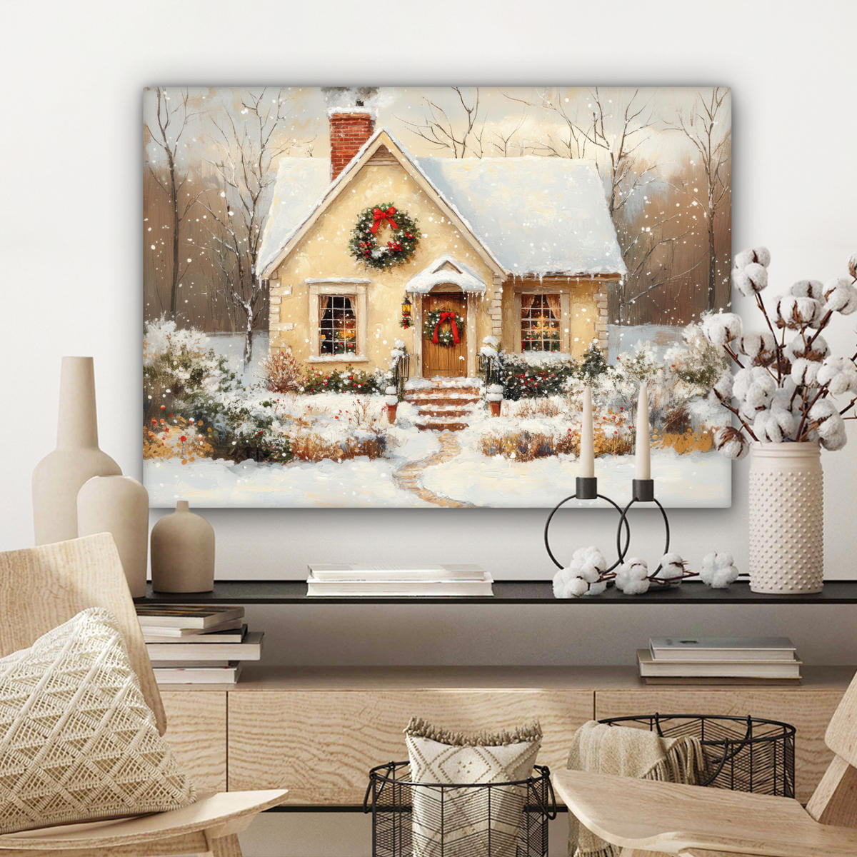 LEINWANDBILD Weihnachten - Zuhause - Winter - Schnee Wandbilder 80x60 cm - Creme, Textil (80/60cm) - MuchoWow