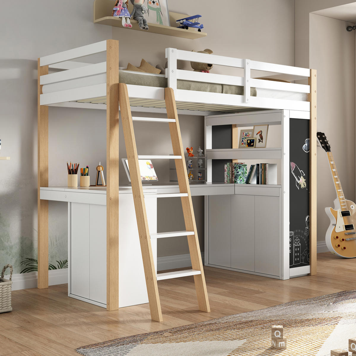 HOCHBETT mit Schreibtisch 90/200 cm in Weiß/Natur – mit Stauraum und Leiter - Weiß, Holzwerkstoff (90/200cm) - BEAOK