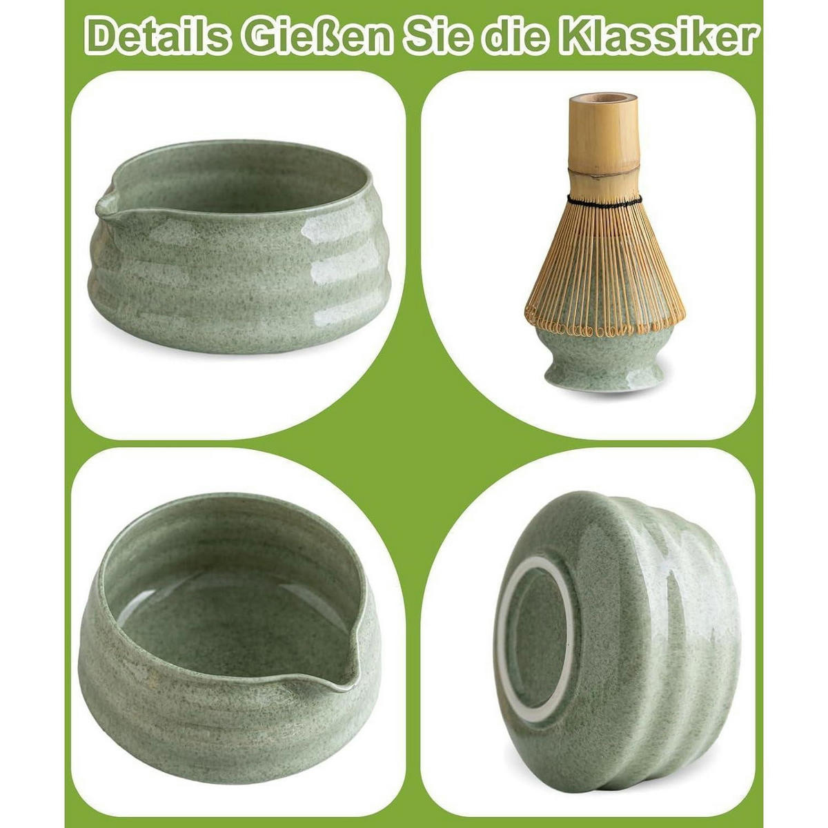 MATCHA Set 7-teiliges Set mit Schale und Bambusbesen - Grün, Keramik (15/10/15cm)