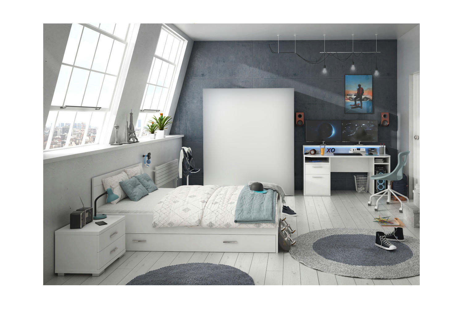 JUGENDZIMMER Tezaur "Snow" in Weiß 4 teilig Gamingzimmer mit RGB LED ohne Kleiderschrank - Weiß, Holzwerkstoff (120/200/80cm)
