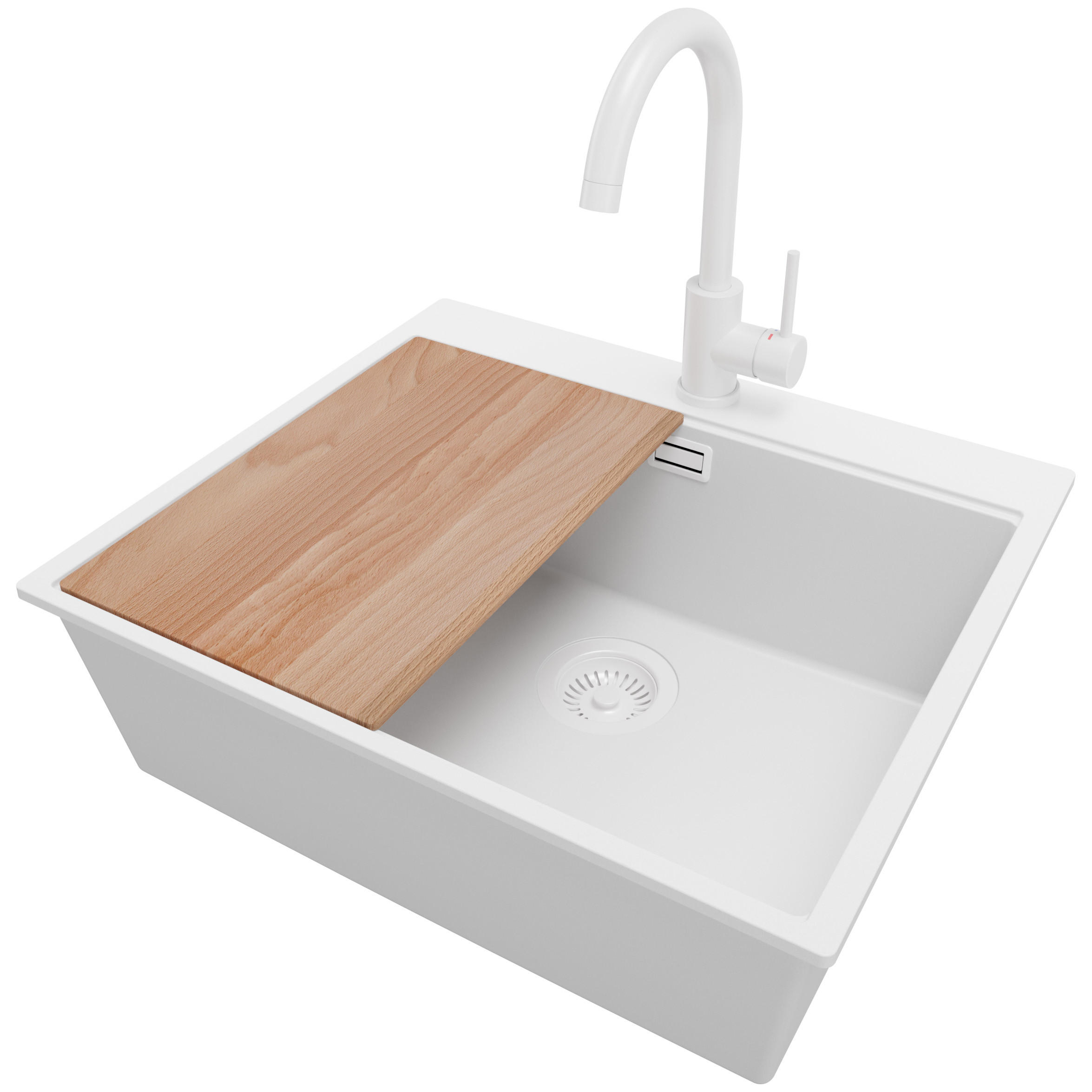 GRANITSPÜLE Oslo, 2-er set Alles Weiß 58/50 cm 1 Becken + Küchenarmatur 32/20 cm + Ablauf-Set + Schneidebrett ab 60er Unterschrank - Beige/Weiß, Kunststoff (58/20/50cm) - Primagran