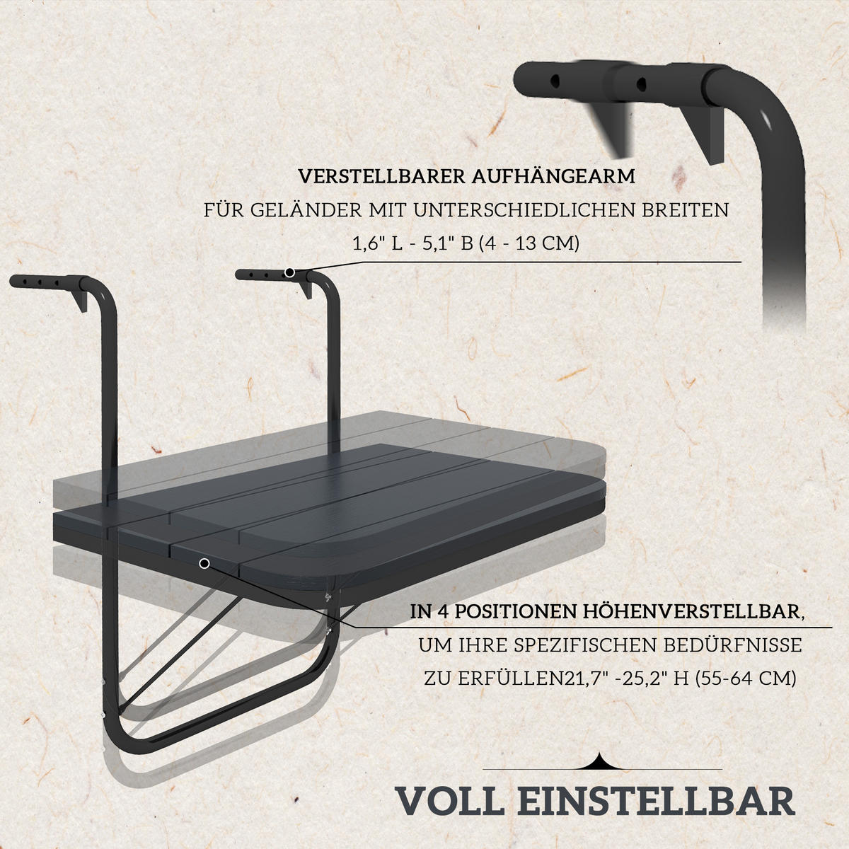 BALKONHÄNGETISCH, Schwarz, Alu - Schwarz, Metall (60/40/64cm) - Outsunny
