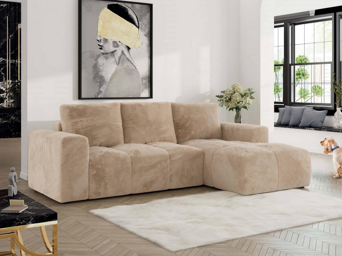 ECKSOFA MONIVA Beige Plüsch - Rechts - Beige/Schwarz, Textil (266/164cm) - MKS