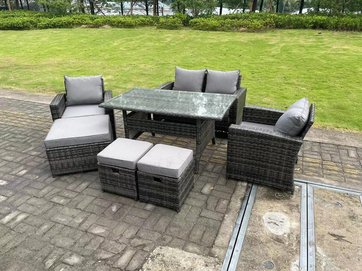 GARTENMÖBELGARNITUR Polyrattan Dunkelgrau 7-Sitzer - Dunkelgrau/Grau, Glas/Kunststoff - Fimous