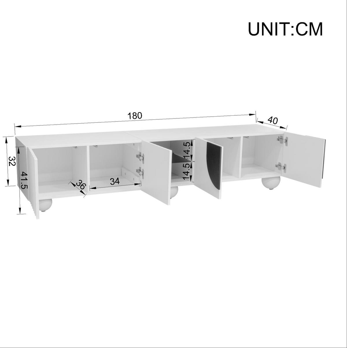 TV-SCHRANK aus MDF und Holzwerkstoff 180x40x41,5 cm Weiß mit Push-to-Open, offenem Mittelfach und Stauraum - Weiß, Holzwerkstoff (180/41.5/40cm) - Modfu