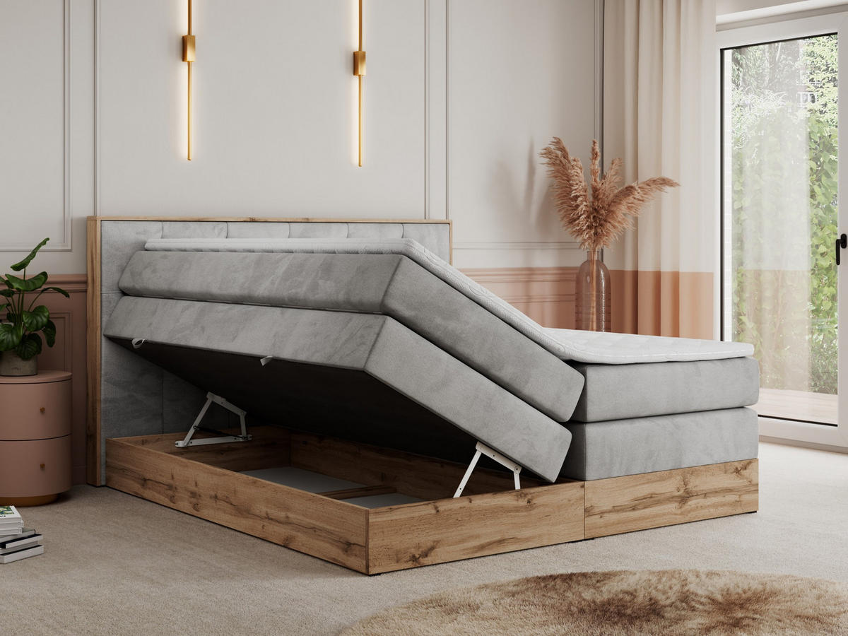 BOXSPRINGBETT VENETO KING 140/200 Hellgrau Velvet - H4 - Hellgrau, Holz/Textil (140/200cm) - MKS