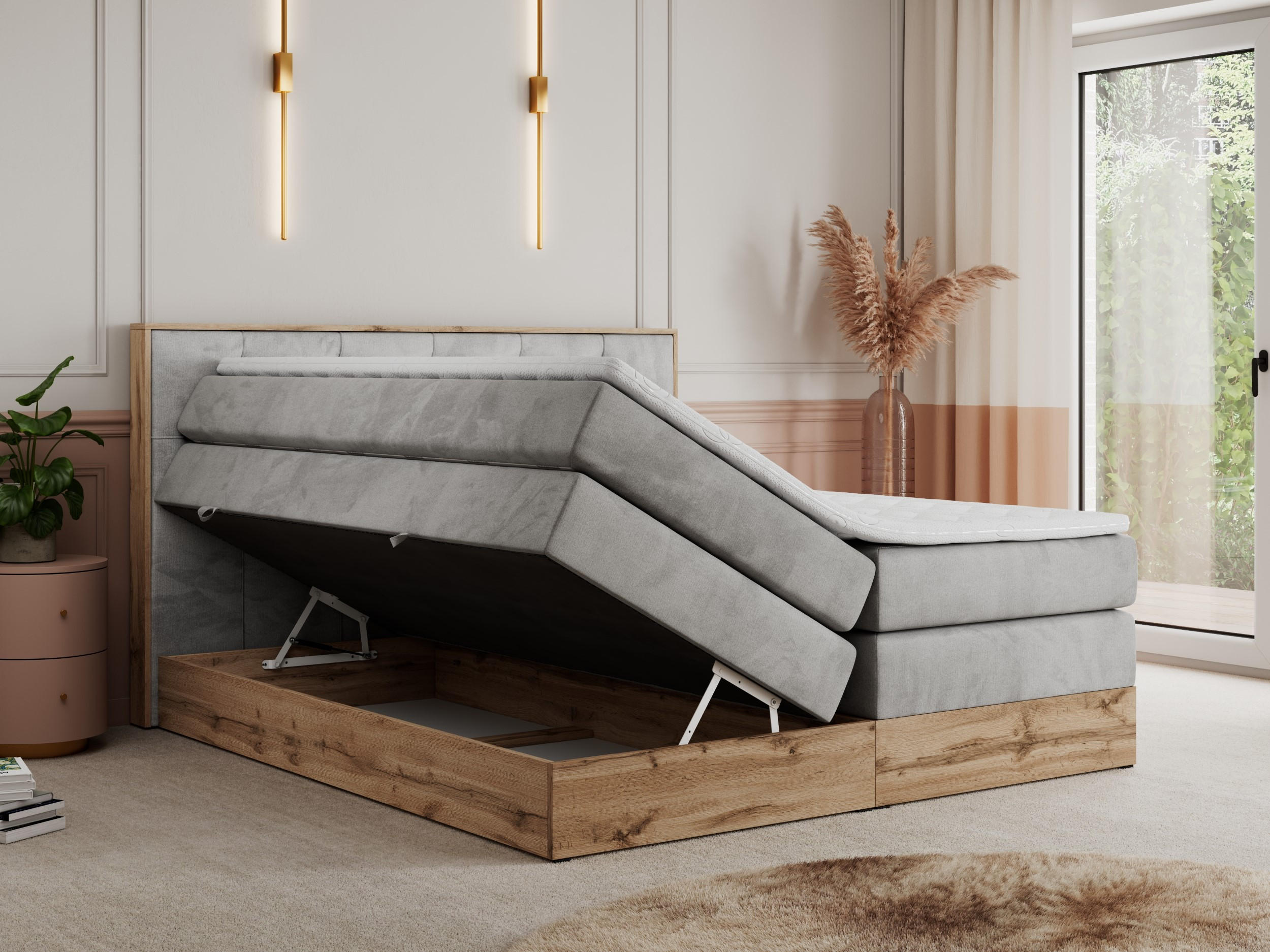Thumbnail - MKS Boxspringbett, Hellgrau, Textil, 2-Sitzer, H4, Rechteckig, 200x200 cm, Schlafzimmer, Betten, Boxspringbetten