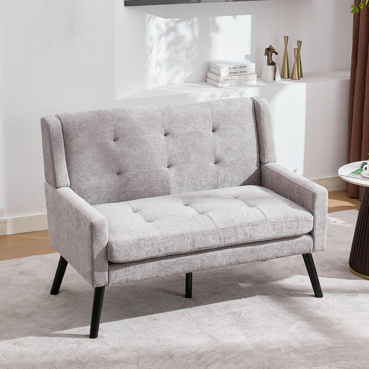 SITZBANK 2-Sitzer Leinenoptik Polster mit Knopfsteppung, Massivholzbeinen 119/75/88 cm Hellgrau - Hellblau, Textil (75/88/119cm) - Redom