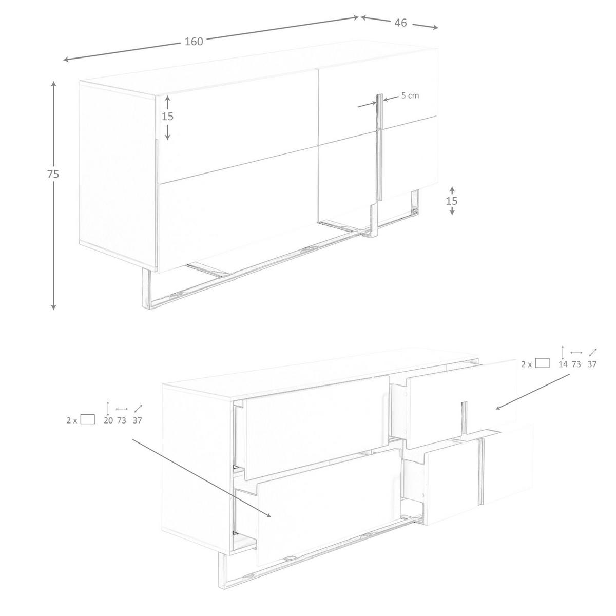 ANGEL Cerdá Sideboard aus weißem MDF mit verchromten Stahlbeinen, Soft-Close-Schubladen, rechteckig - Chromfarben/Weiß, Holzwerkstoff/Metall (160/75/46cm) - ANGEL CERDA