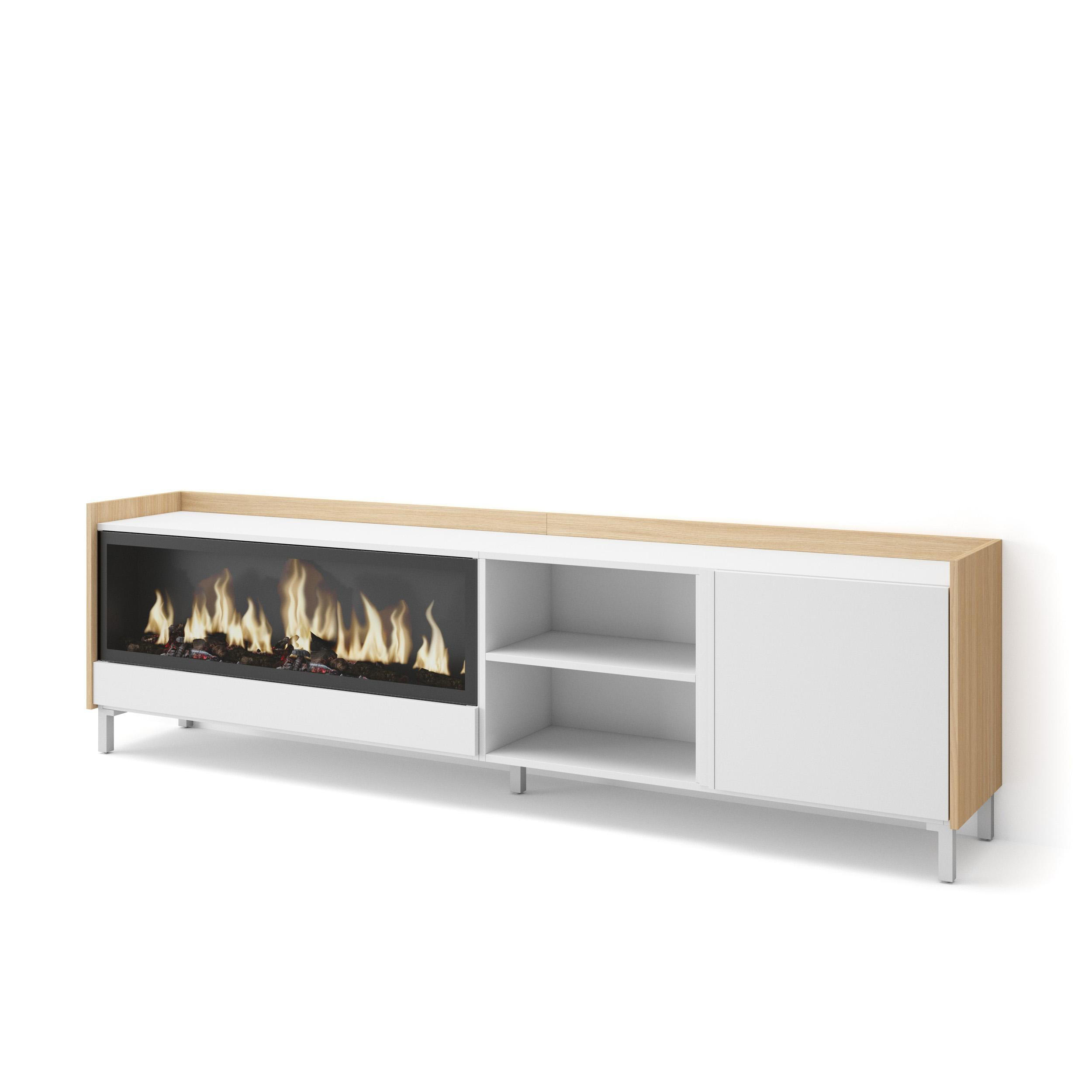 LOWBOARD, Weiß und Eiche, 212/35/61cm, Kamin mit Feuereffekt XXL - Weiß, Holzwerkstoff (212/61/35cm) - Skraut Home