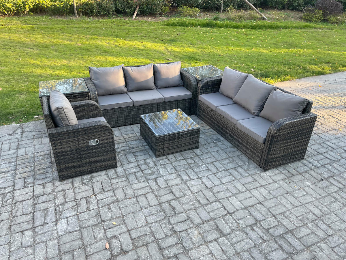 GARTENMÖBEL SET mit 3-SITZER SOFA Polyrattan Dunkelgrau 7-Sitzer - Dunkelgrau/Grau, Glas/Kunststoff - Fimous