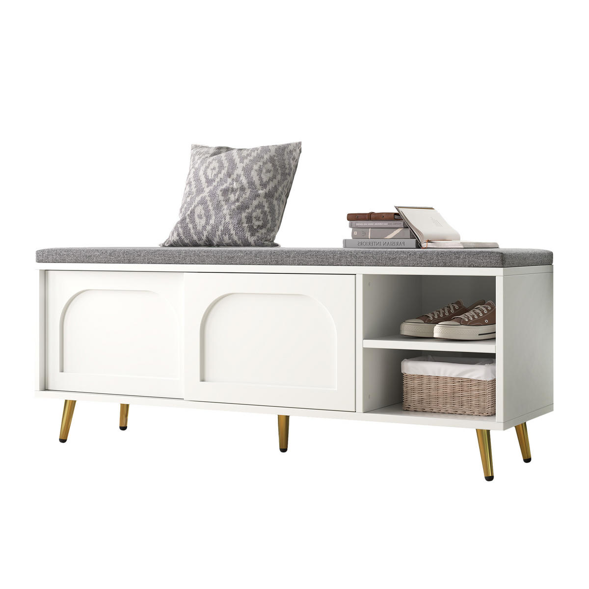 SCHUHSCHRANK aus Spanplatte 121x35x49cm in Weiß mit Sitzpolster - Weiß, Holzwerkstoff (121/49/35cm) - Modfu