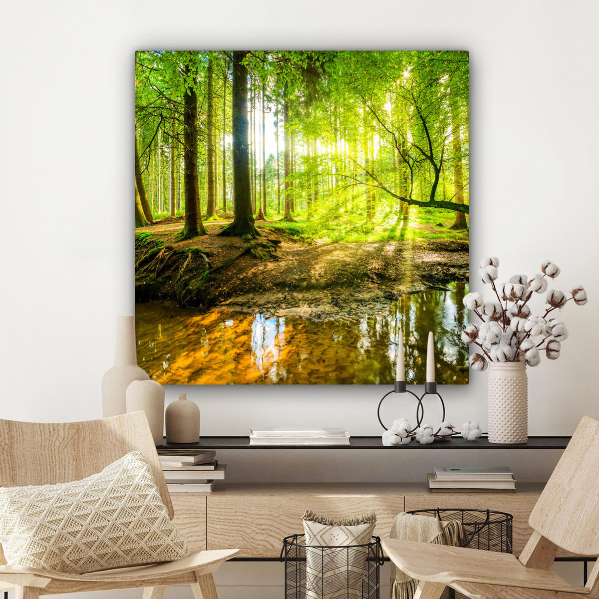 LEINWANDBILD Wald - Landschaft - Wasser - Bäume - Sonne - Grün - Natur 90x90 cm - Grün, Textil (90/90cm) - MuchoWow
