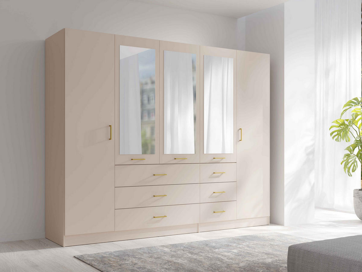 DREHTÜRENSCHRANK NEVARIS 250/200,5/58cm 5-türig mit Spiegel Sandbeige - Sandfarben, Holzwerkstoff (250/200.5/58cm) - MASSENO