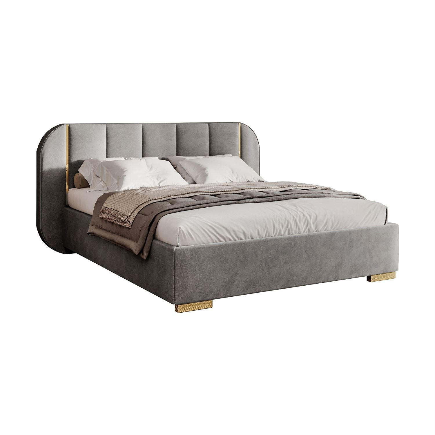 BETT AMARA GOLD 140x200 gepolstert mit Stauraum und Lattenrost, Royal Velvet 251 - Grau, Textil (140/200cm) - Lookway