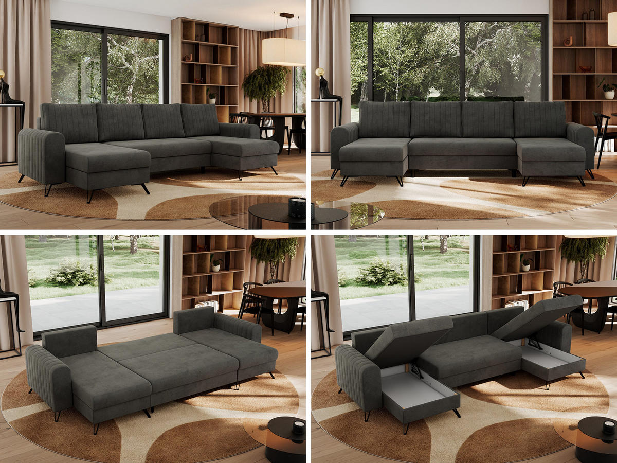 WOHNLANDSCHAFT AXEL U Velvet Dunkelgrau - Schwarz/Grau, Textil/Metall (312/90/140cm) - MKS