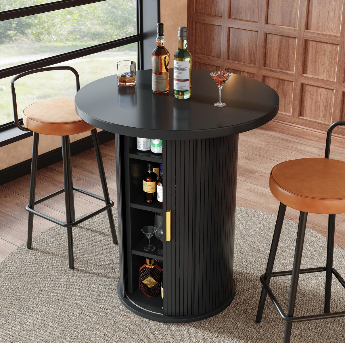 BARTISCH 60/60/91,6 cm in Schwarz mit Stauraum und Schiebetür - Schwarz, Metall (60/60/91.6cm) - BEAOK